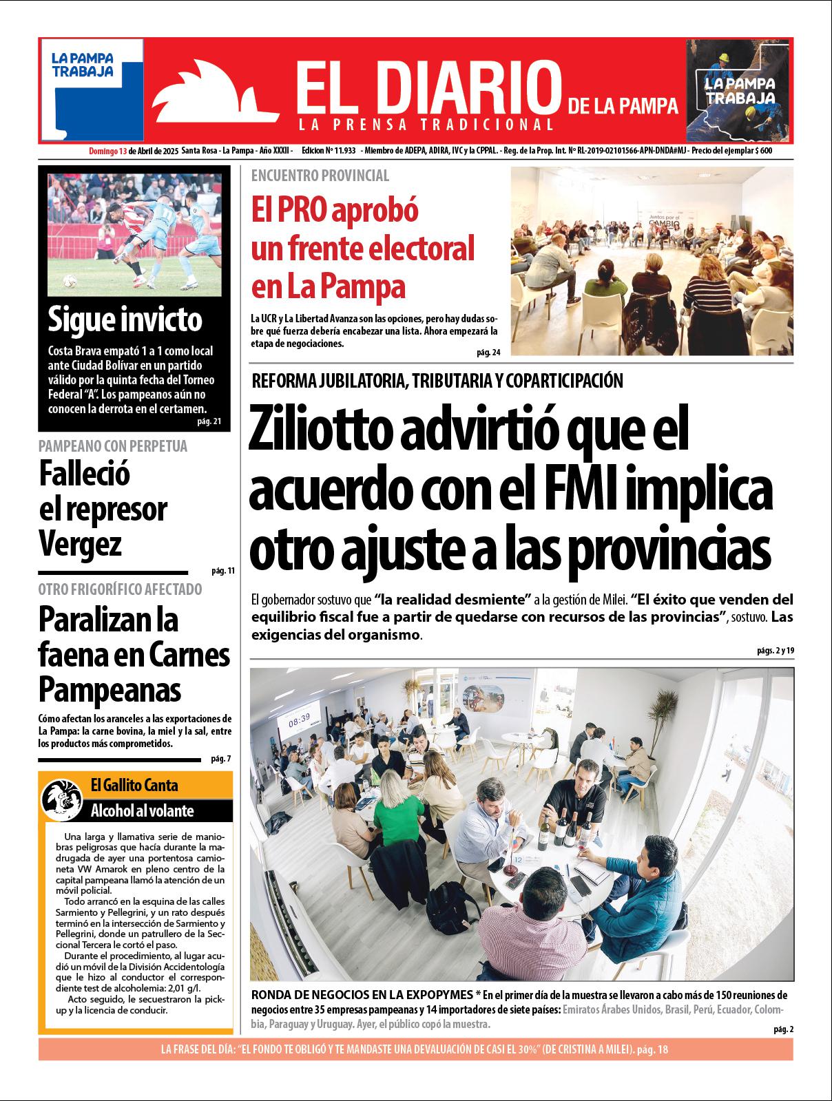 Tapa de El Diario en papel  domingo 13 de abril de 2025